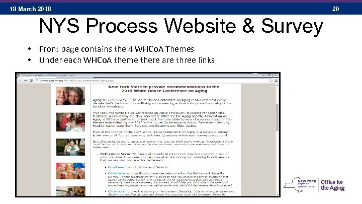 18 March 2018 NYS Process Website & Survey • Front page contains the 4