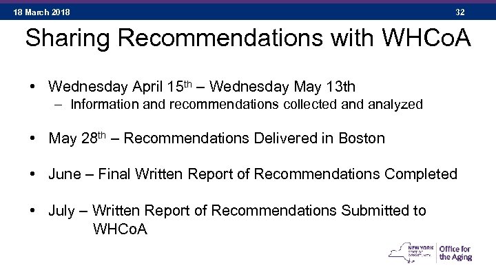 18 March 2018 32 Sharing Recommendations with WHCo. A • Wednesday April 15 th