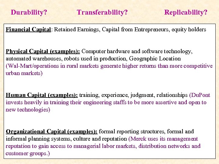 Durability? Transferability? Replicability? Financial Capital: Retained Earnings, Capital from Entrepreneurs, equity holders Physical Capital