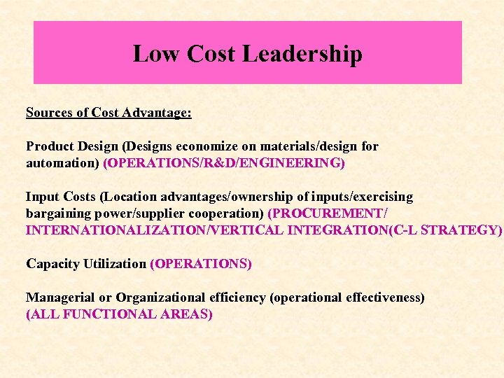 Low Cost Leadership Sources of Cost Advantage: Product Design (Designs economize on materials/design for