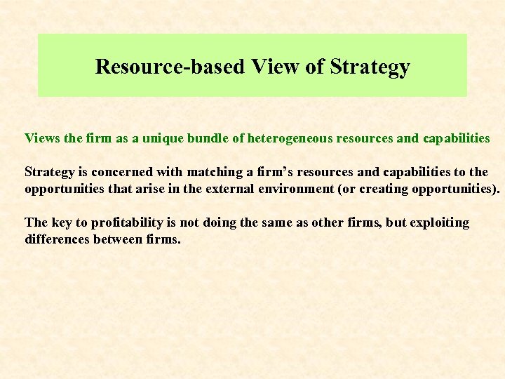 Resource-based View of Strategy Views the firm as a unique bundle of heterogeneous resources