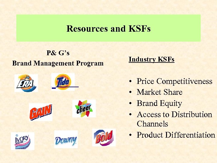 Resources and KSFs P& G’s Brand Management Program Industry KSFs • • Price Competitiveness