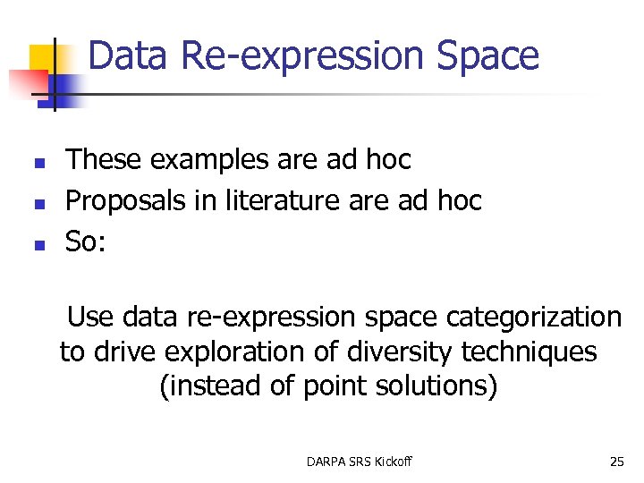Data Re-expression Space n n n These examples are ad hoc Proposals in literature