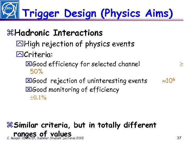 Trigger Design (Physics Aims) z. Hadronic Interactions y. High rejection of physics events y.