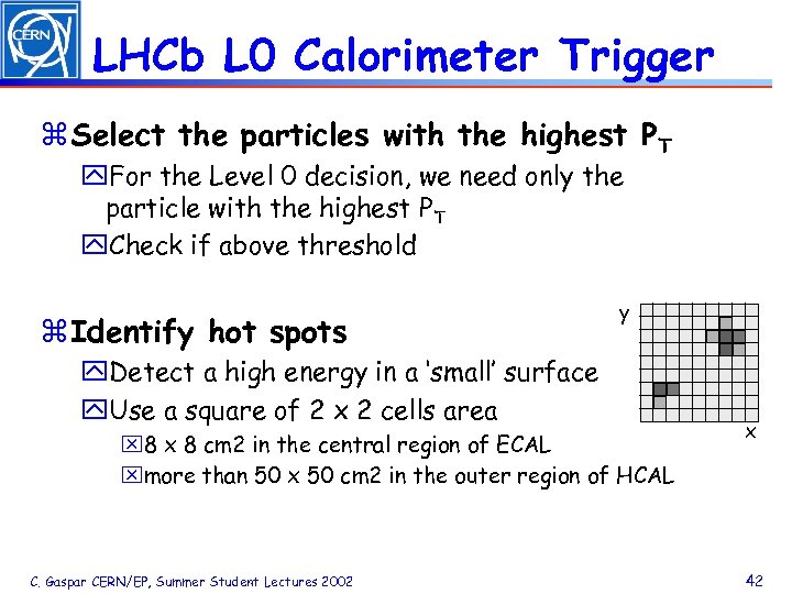 LHCb L 0 Calorimeter Trigger z Select the particles with the highest PT y.