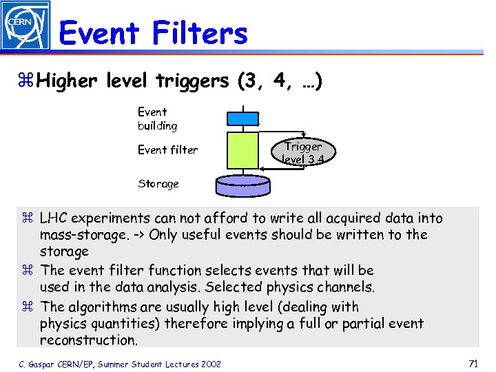 Event Filters z Higher level triggers (3, 4, …) Event building Event filter Trigger