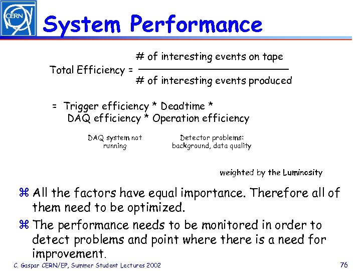 System Performance Total Efficiency = # of interesting events on tape # of interesting