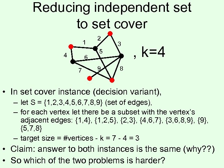 Reducing independent set to set cover 1 4 6 7 2 3 5 9