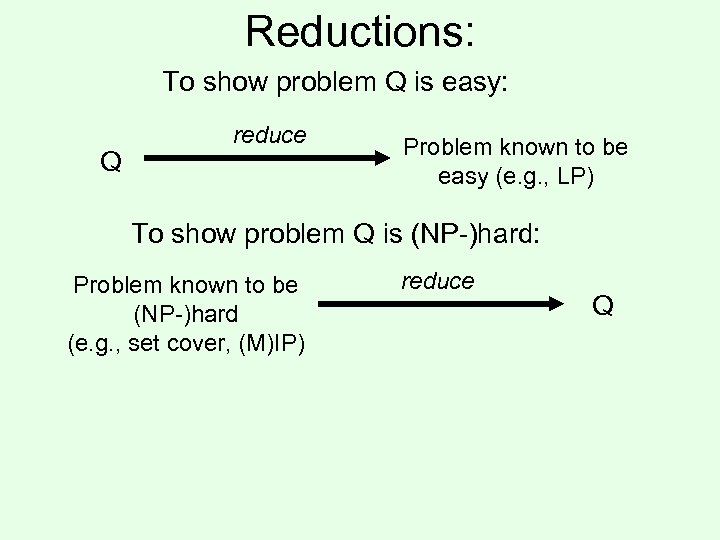 Reductions: To show problem Q is easy: Q reduce Problem known to be easy