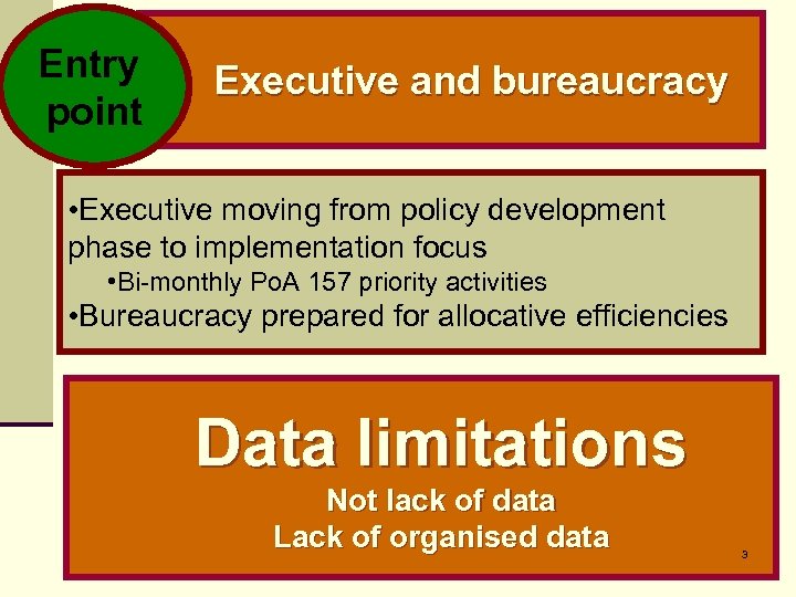 Entry point Executive and bureaucracy • Executive moving from policy development phase to implementation