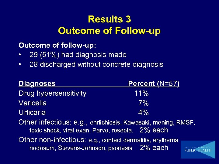 Results 3 Outcome of Follow-up Outcome of follow-up: • 29 (51%) had diagnosis made