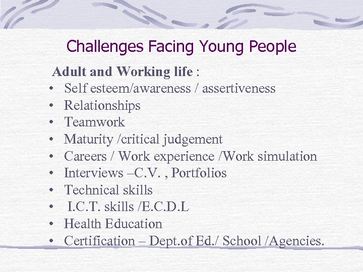 Challenges Facing Young People Adult and Working life : • Self esteem/awareness / assertiveness