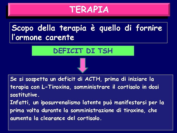 TERAPIA Scopo della terapia è quello di fornire l’ormone carente DEFICIT DI TSH Se