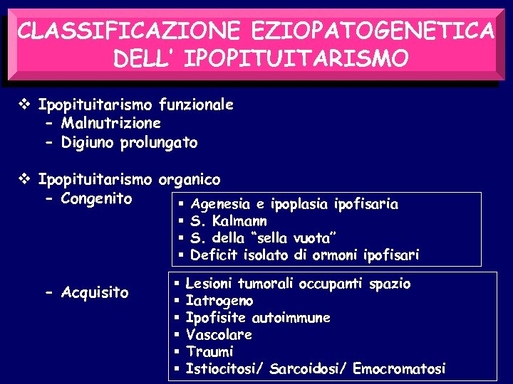 CLASSIFICAZIONE EZIOPATOGENETICA DELL’ IPOPITUITARISMO v Ipopituitarismo funzionale - Malnutrizione - Digiuno prolungato v Ipopituitarismo