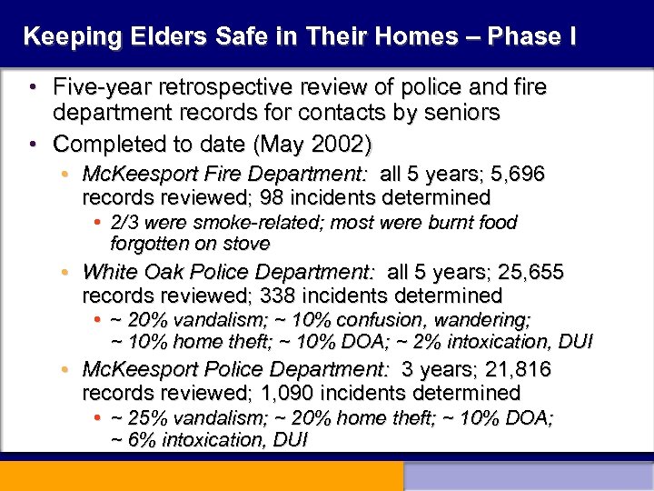 Keeping Elders Safe in Their Homes – Phase I • Five-year retrospective review of