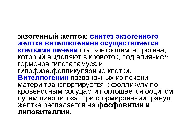  экзогенный желток: синтез экзогенного желтка вителлогенина осуществляется клетками печени под контролем эстрогена, который