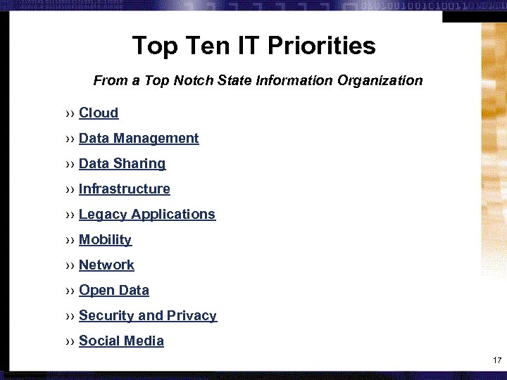 Top Ten IT Priorities From a Top Notch State Information Organization ›› Cloud ››