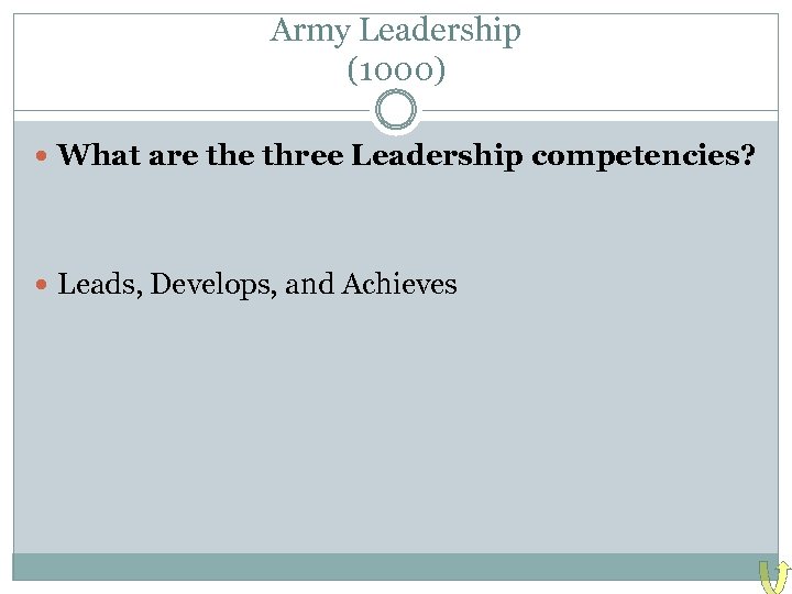 Army Leadership (1000) What are three Leadership competencies? Leads, Develops, and Achieves 