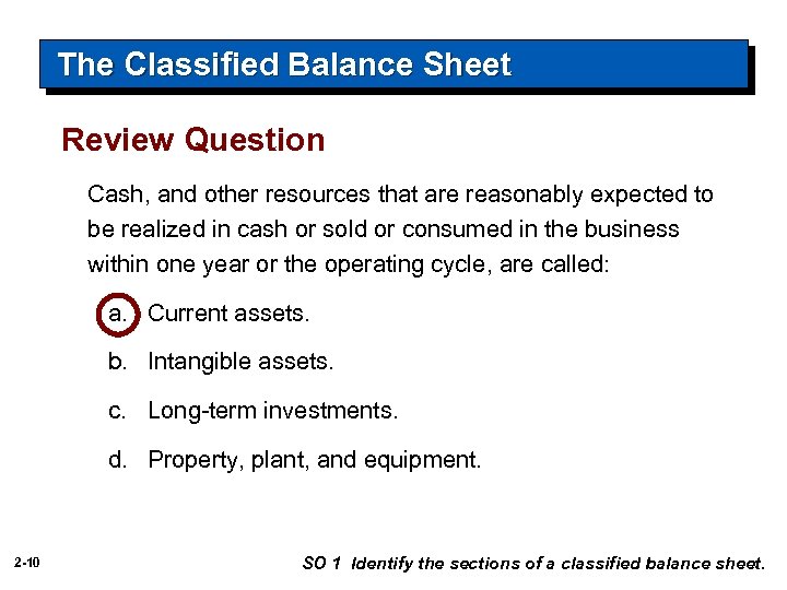 The Classified Balance Sheet Review Question Cash, and other resources that are reasonably expected