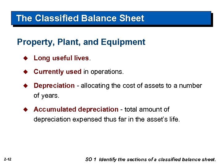 The Classified Balance Sheet Property, Plant, and Equipment u u Currently used in operations.