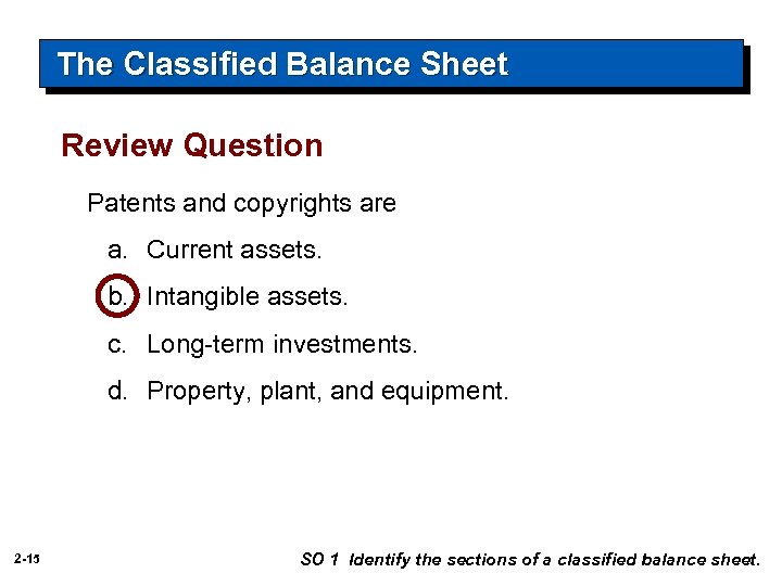 The Classified Balance Sheet Review Question Patents and copyrights are a. Current assets. b.