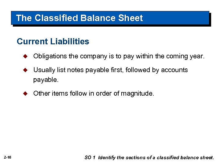 The Classified Balance Sheet Current Liabilities u u Usually list notes payable first, followed