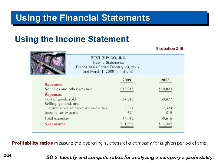 Using the Financial Statements Using the Income Statement Illustration 2 -10 Profitability ratios measure