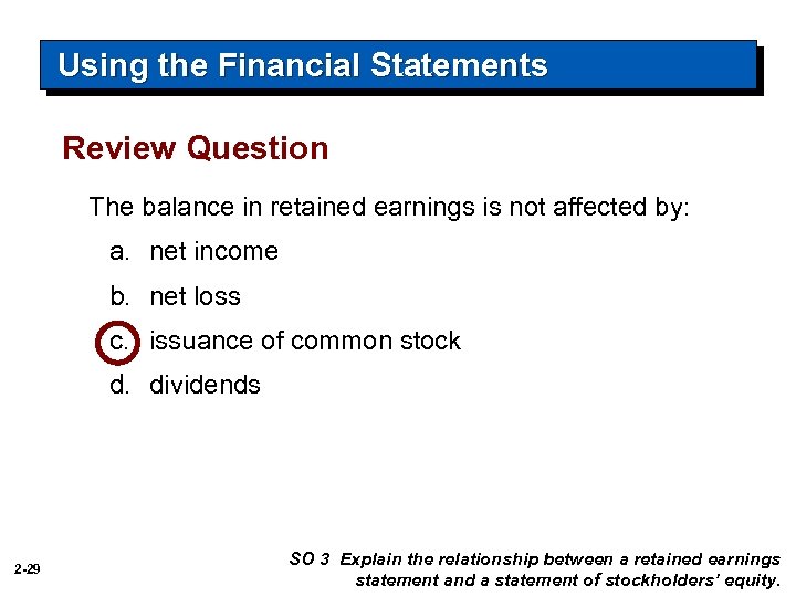 Using the Financial Statements Review Question The balance in retained earnings is not affected