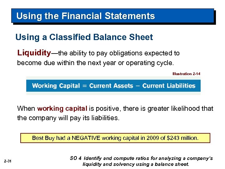 Using the Financial Statements Using a Classified Balance Sheet Liquidity—the ability to pay obligations