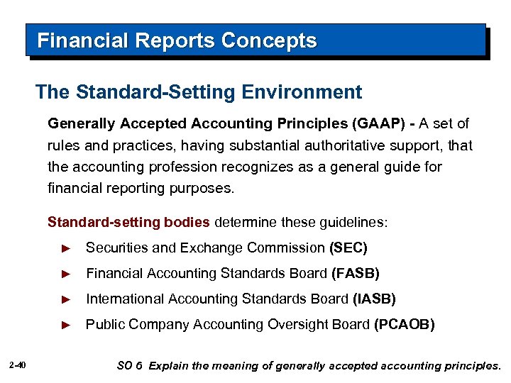 Financial Reports Concepts The Standard-Setting Environment Generally Accepted Accounting Principles (GAAP) - A set