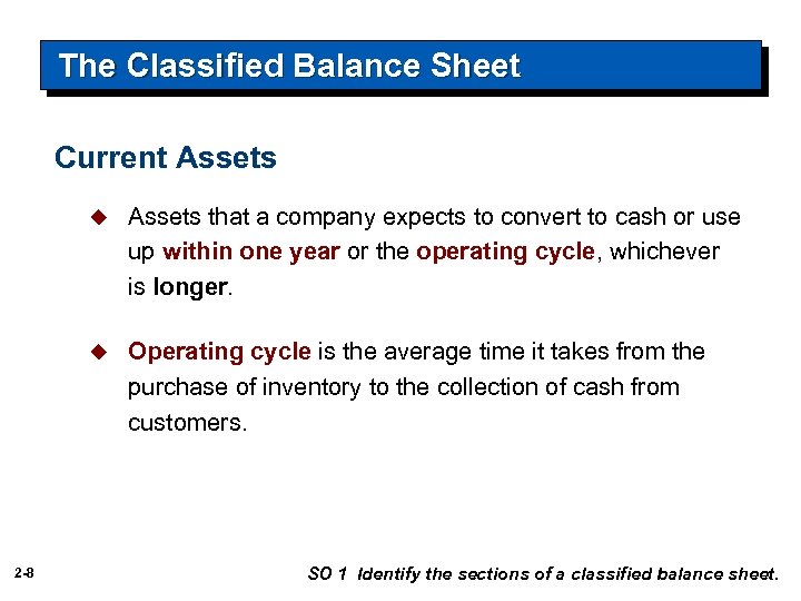 The Classified Balance Sheet Current Assets u u 2 -8 Assets that a company