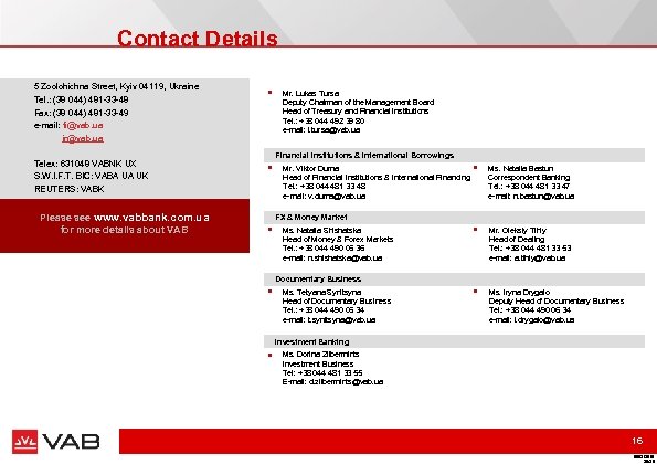 Contact Details 5 Zoolohichna Street, Kyiv 04119, Ukraine Tel. : (38 044) 481 -33