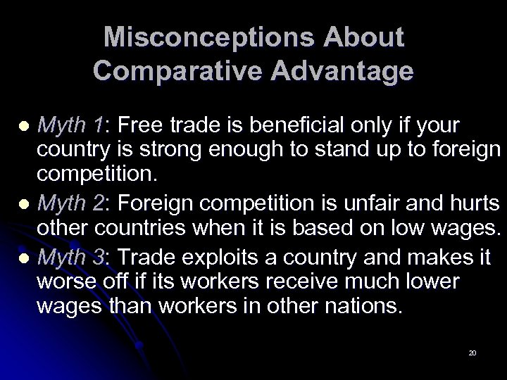 Misconceptions About Comparative Advantage Myth 1: Free trade is beneficial only if your country
