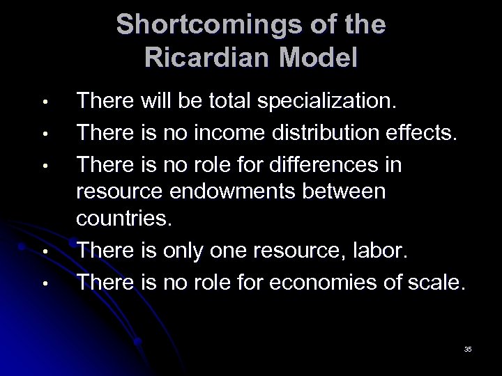 Shortcomings of the Ricardian Model • • • There will be total specialization. There