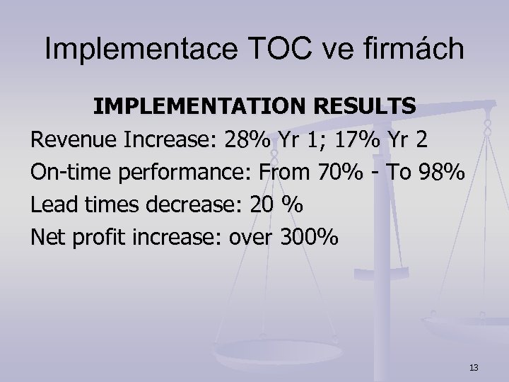 Implementace TOC ve firmách IMPLEMENTATION RESULTS Revenue Increase: 28% Yr 1; 17% Yr 2