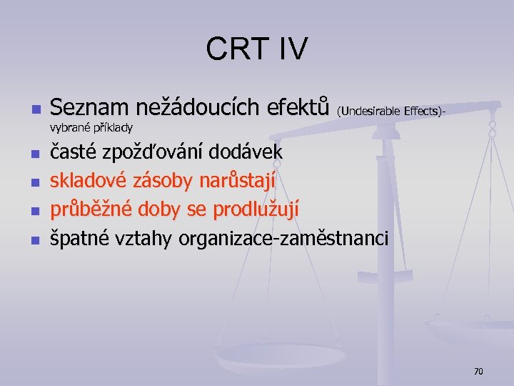 CRT IV n Seznam nežádoucích efektů (Undesirable Effects)- vybrané příklady n n časté zpožďování
