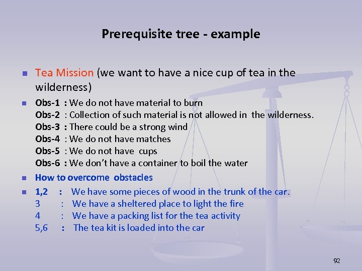 Prerequisite tree - example n n Tea Mission (we want to have a nice