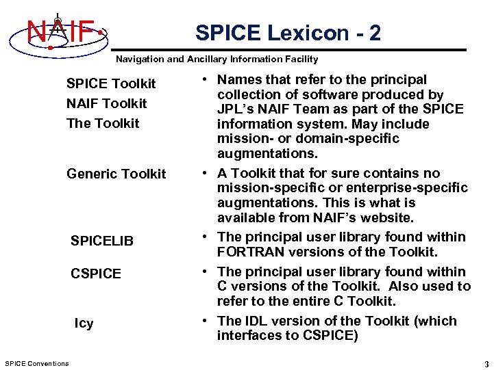 N IF SPICE Lexicon - 2 Navigation and Ancillary Information Facility SPICE Toolkit NAIF