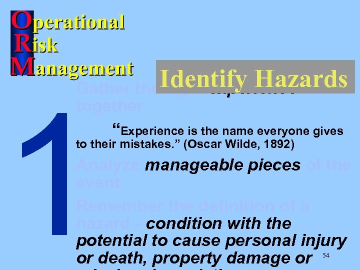 Identify Hazards Gather the right experience 1 together. “Experience is the name everyone gives