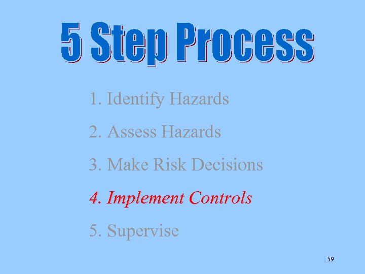 1. Identify Hazards 2. Assess Hazards 3. Make Risk Decisions 4. Implement Controls 5.