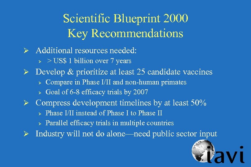 Scientific Blueprint 2000 Key Recommendations Ø Additional resources needed: Ø > US$ 1 billion