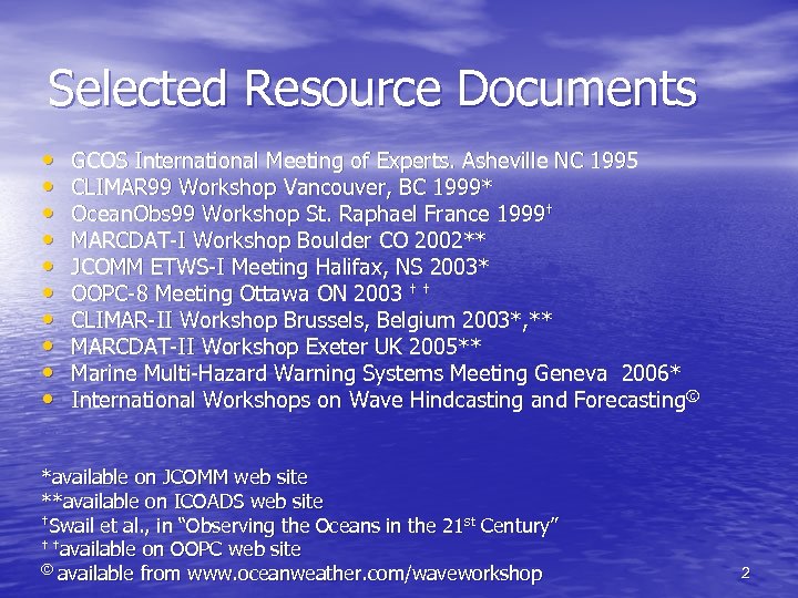 Selected Resource Documents • • • GCOS International Meeting of Experts. Asheville NC 1995