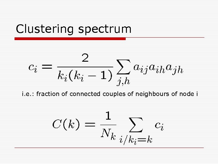 Clustering spectrum i. e. : fraction of connected couples of neighbours of node i