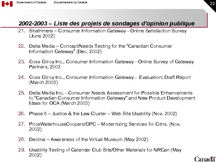 Government of Canada Gouvernement du Canada 2002 -2003 – Liste des projets de sondages