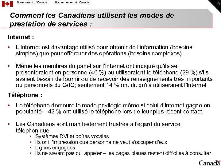 Government of Canada Gouvernement du Canada Comment les Canadiens utilisent les modes de prestation