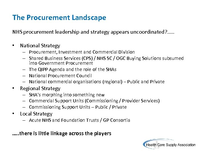 The Procurement Landscape NHS procurement leadership and strategy appears uncoordinated? . . . •