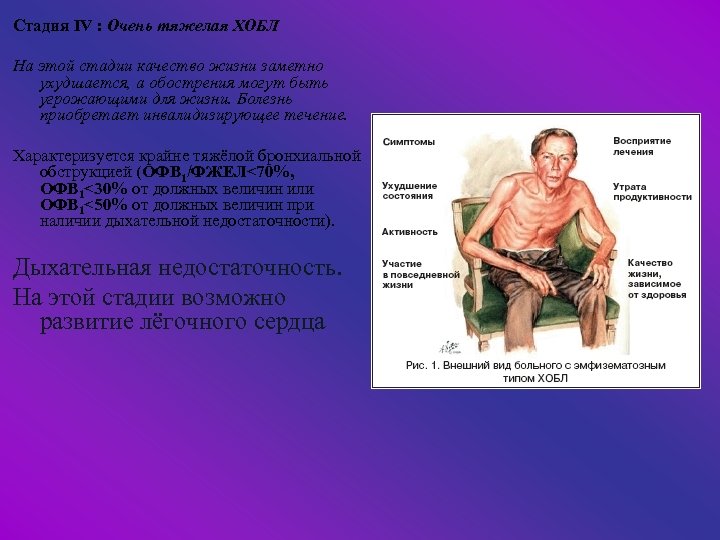 Стадия IV : Очень тяжелая ХОБЛ На этой стадии качество жизни заметно ухудшается, а