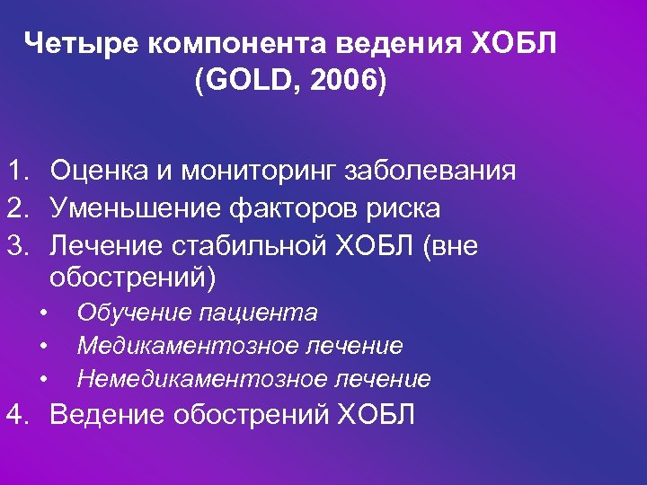 Четыре компонента ведения ХОБЛ (GOLD, 2006) 1. Оценка и мониторинг заболевания 2. Уменьшение факторов