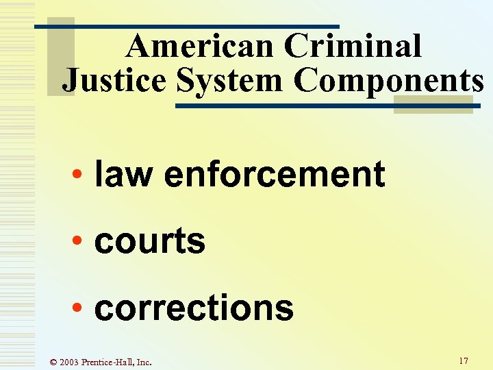 American Criminal Justice System Components • law enforcement • courts • corrections © 2003