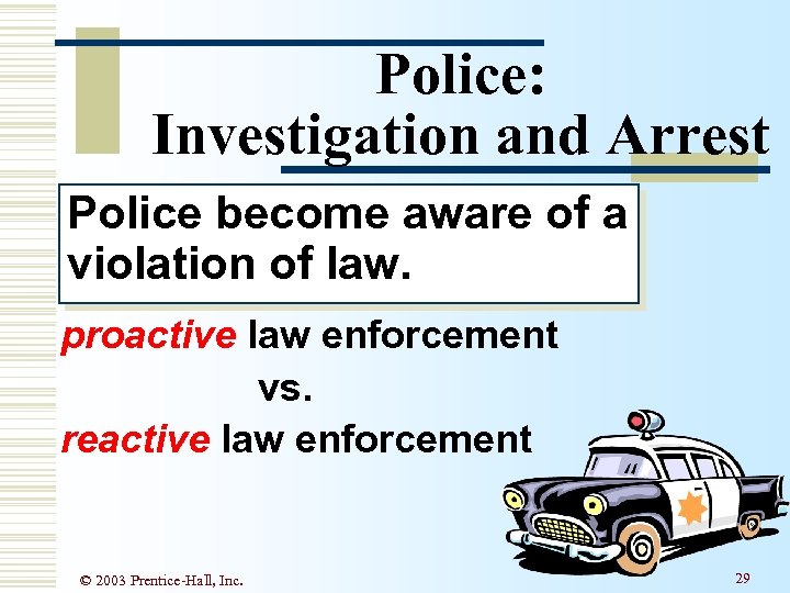 Police: Investigation and Arrest Police become aware of a violation of law. proactive law